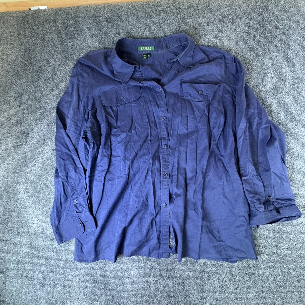 Lauren Ralph Lauren Shirt Women 3X Navy Blue Cotton Casual Long Sleeve Button Up